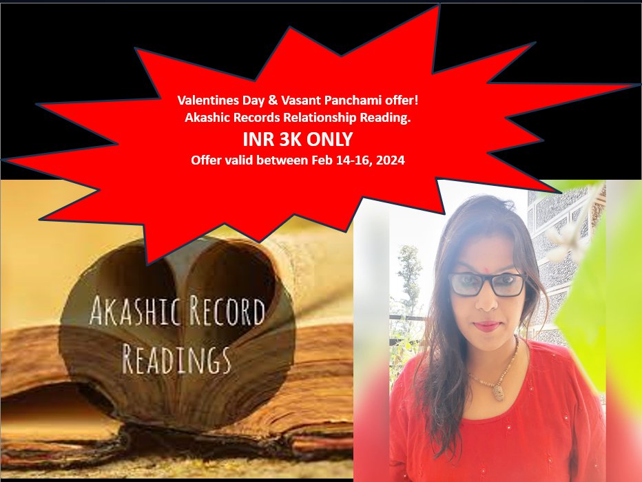 Special offer on #ValentinesDay  & #VasantPanchami .
Get an AKASHIC RECORDS RELATIONSHIP READING for as low as INR 3K.
DM or mail me on info@satyamshakti.com.
#Valentines2024 #VasantPanchami2024 #vedicastrology #astrology #Karma