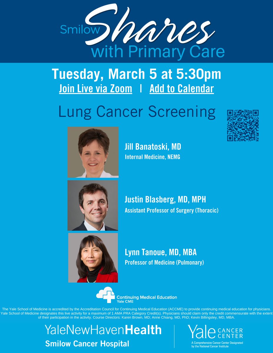 Join us LIVE Tuesday, March 5 at 5:30pm as Smilow Shares with Primary Care virtual #CME series for PCPs highlights #LungCancerScreening. Presenters: Jill Banatoski, MD; @DrBlasberg; Lynn Tanoue, MD, MBA. ➡️bit.ly/49gSlF8 @SmilowCancer @YaleMed @YNHH @YaleThoracic