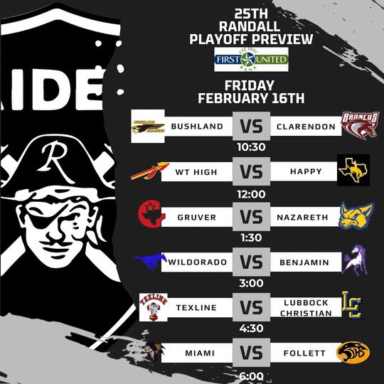 PressPassSports's tweet photo. The 25th @RandallRaiderBB Playoff Preview is set for Friday-Saturday and will feature two games that will impact playoffs. Miami-Follett for No. 1 out of 1-1A and Booker-Fritch in a play-in game out of 1-2A #txhshoops https://t.co/jfpQxKNyEs