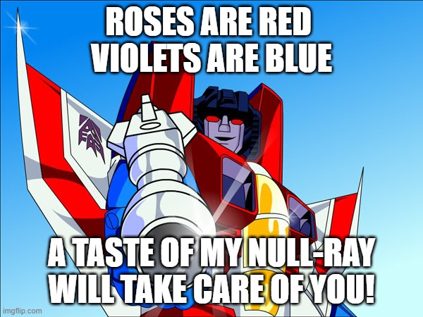 TransformersVr's tweet photo. Happy Valentine's Day!

Starscream wrote you a... umm... poem.

#Transformers  #ValentinesDay https://t.co/Iyiipz7Pa8