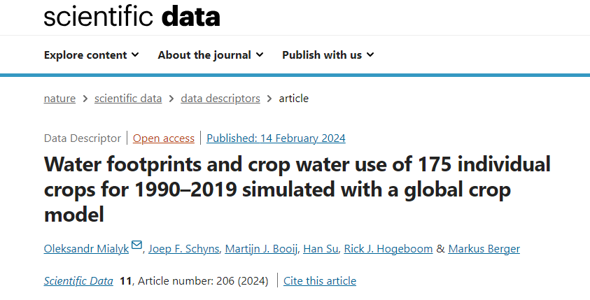 New dataset alert: 'Water footprints and crop water use of 175 individual crops for 1990–2019 simulated with a global crop model' 🌽💧

Our descriptor paper just got published with @SpringerNature  in @ScientificData. Read it here:
nature.com/articles/s4159…