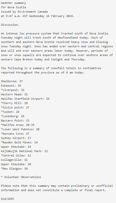 Here is Environment Canada's snow summary for N.S. No question that snowfall overperformed near and along parts of the Atlantic Coast where a 2-5+ cm/hr band stalled. <a href="/chronicleherald/">The Chronicle Herald</a> <a href="/capebretonpost/">Cape Breton Post</a> #NSStorm
