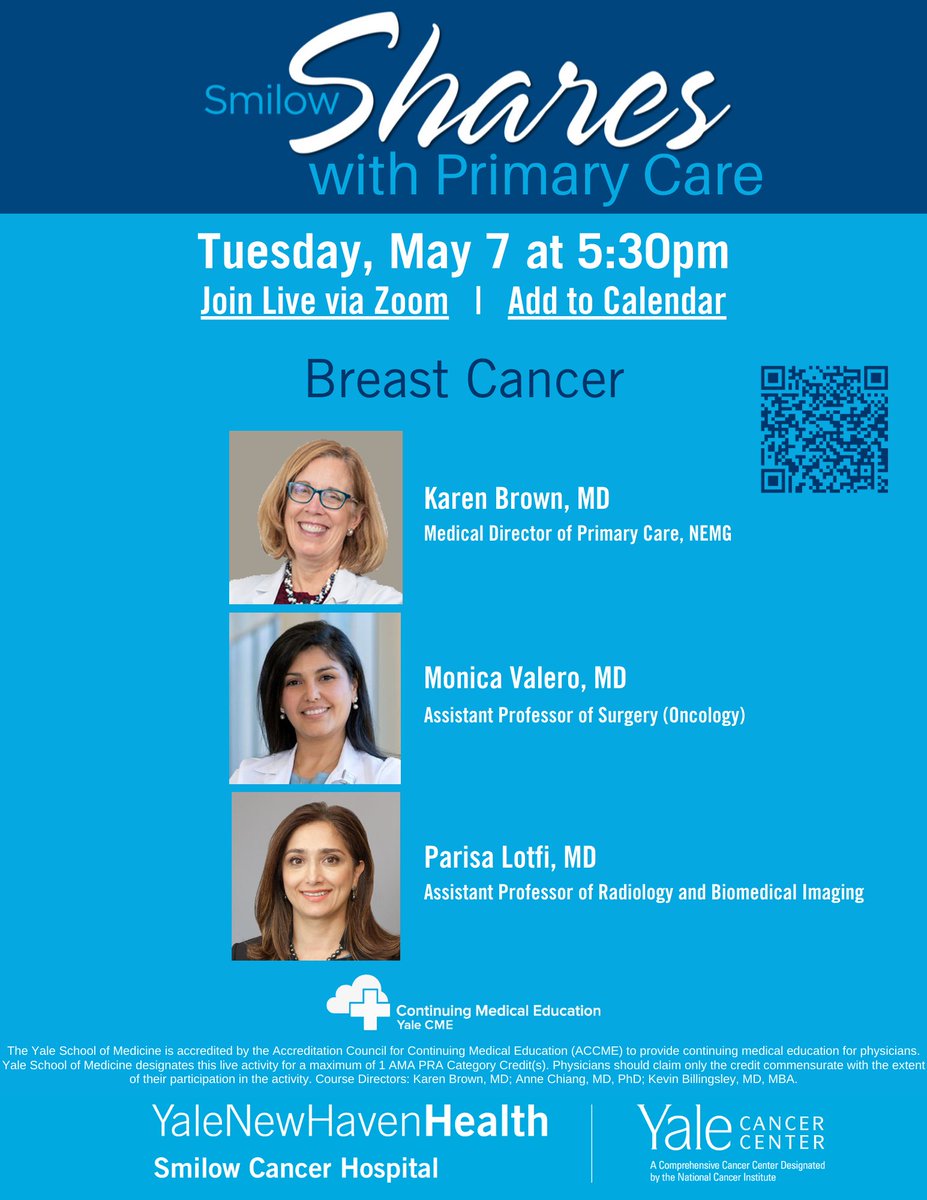 We're LIVE Tuesday, May 7 at 5:30pm for Smilow Shares with Primary Care virtual #CME series for PCPs featuring #BreastCancer. Presenters: Karen Brown, MD; @MonicaValero16; and @picperfectmd. ➡️bit.ly/48iptLl @SmilowCancer @YaleMed @YNHH @YaleBreast @YaleRadiology