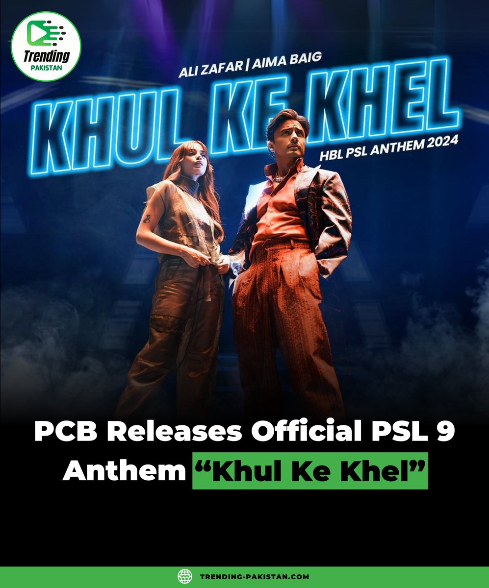 ItsTrendingPAK's tweet photo. #PSLAnthem is here! "Khul Ke Khel" by Ali Zafar &amp; Aima Baig gets you pumped for #PSL9 cricket! 

Hitting all the right notes? 

Rate it 1-10! 

#TrendingPakistan #CricketFever #PSLTeams #PSLFans #AliZafar #AimaBaig https://t.co/nEX6ssVmRM