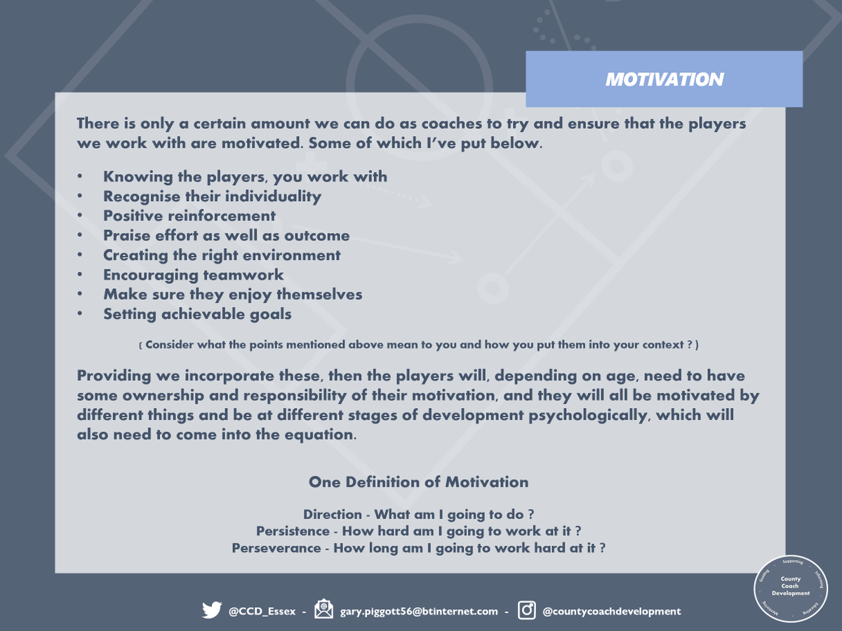 Motivation Is it always us as Coaches who are trying to motivate players or should we also be making them aware that they will also need to take ownership and responsibility for it themselves. We can help them understand why.