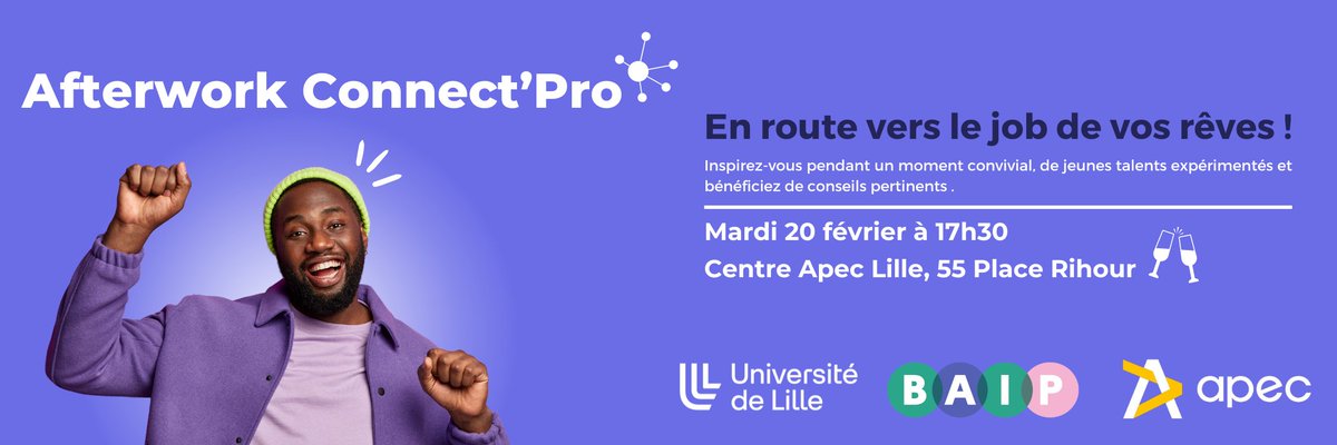 🤝 Boostez votre recherche d'emploi, de stage ou d'alternance en rencontrant des ancien·nes étudiant·es #ULille et des professionnels inspirants. Le BAIP organise un afterwork Connect'pro :
📆 20/02
📍 Centre Apec de Lille
👋 <a href="/Apec_HDF/">Apec_HDF</a>

sur inscription 👇
my.weezevent.com/afterwork-conn…