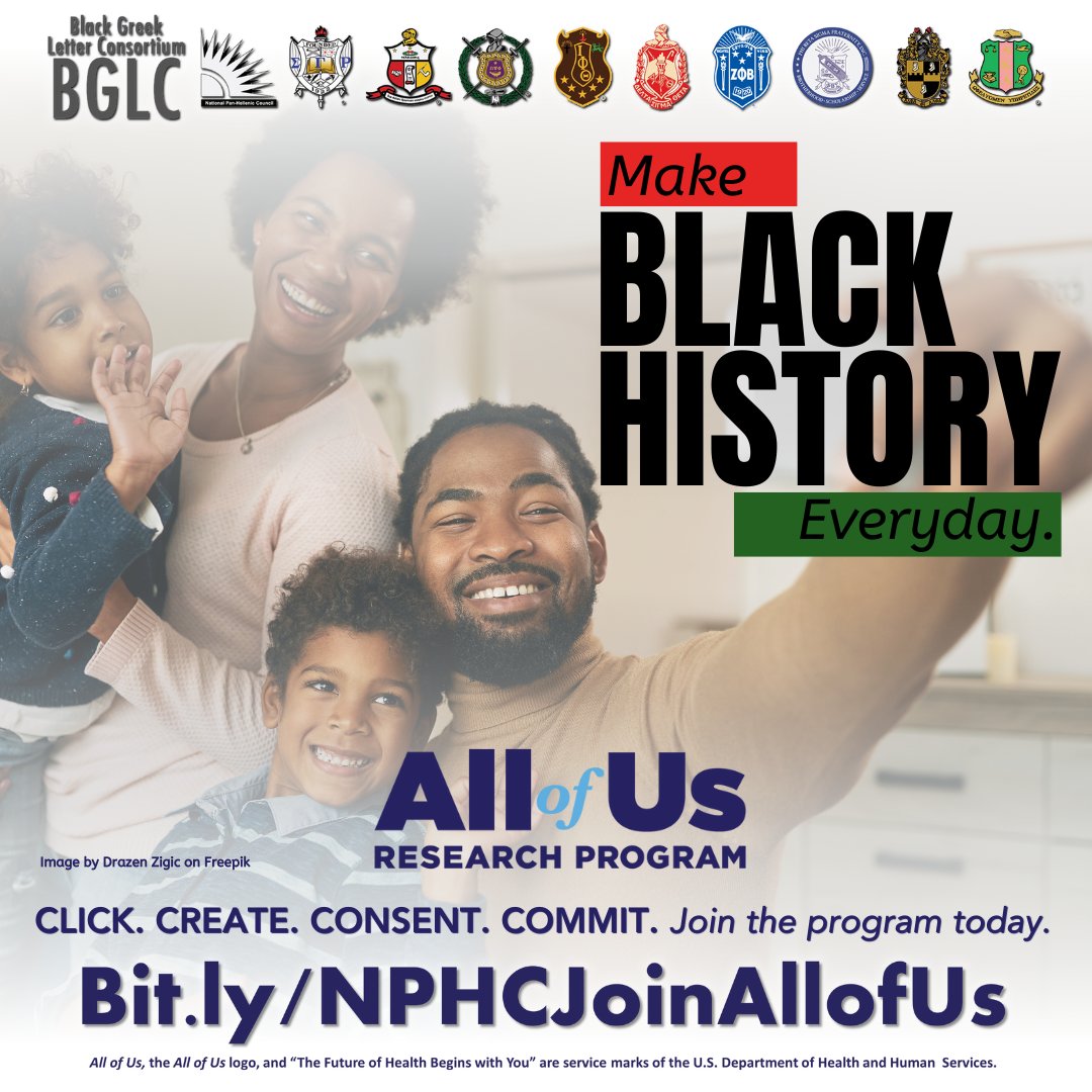 NPHCHQ's tweet photo. We're excited to help spread the word about precision medicine and the All of Us Research Program. Make Black History everyday with your commitment to making a difference. Learn more at https://t.co/wzb01A1tk9 #joinallofus #bglc #nphc #clickcreateconsentcommit #blackhistorymonth https://t.co/LqhdbGqnTa