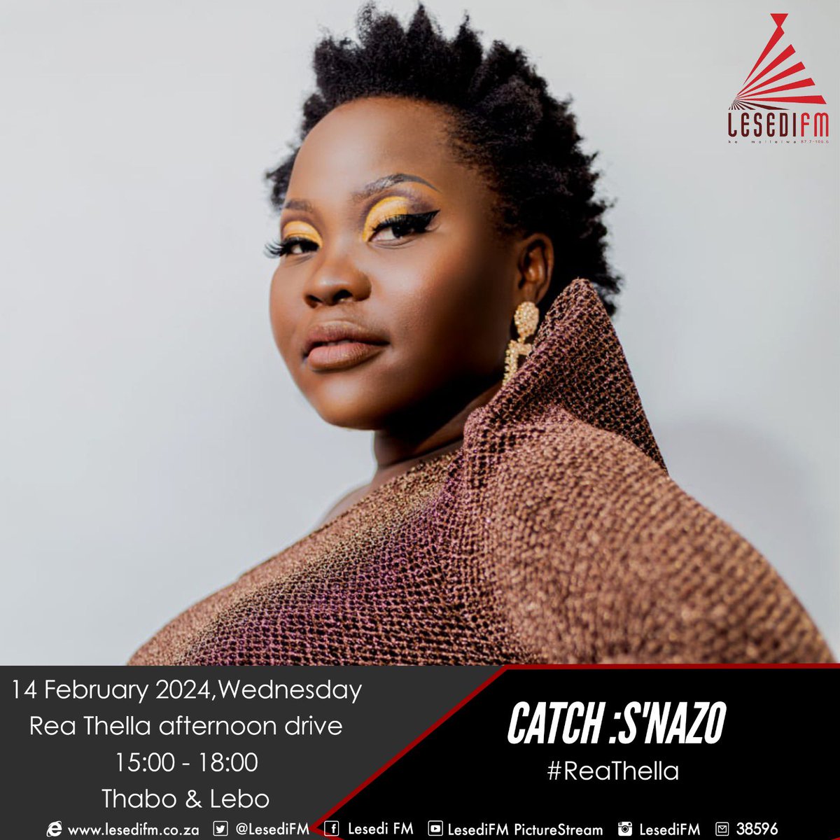 LesediFM's tweet image. Re keteka tsatsi la valentine le sebini se hlwahlwa S&apos;nazo. Re tlabe re sibolla le pina ya hae. #ReaThella 

Mamela radio!