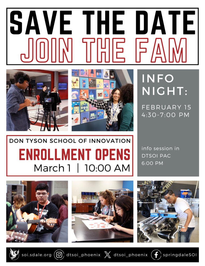 BayyariE's tweet photo. #SpringdaleFamily are you interested in attending Don Tyson School of Innovation?
Please come to an important informational meeting on Thursday, Feb. 15, at 6 pm.  Don Tyson School of Innovation Enrollment opens March 1st at 10 am. https://t.co/gBYu6d4Qx6