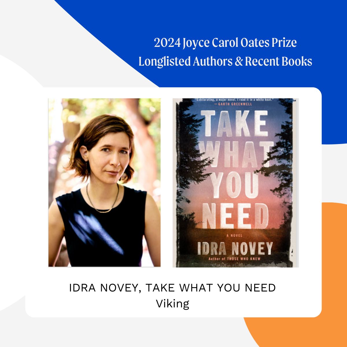 Congratulations to Idra Novey. Kirkus Reviews writes of Take What You Need: 'transforming the odd and the homely into something beautiful is both the subject and the accomplishment of this book.'