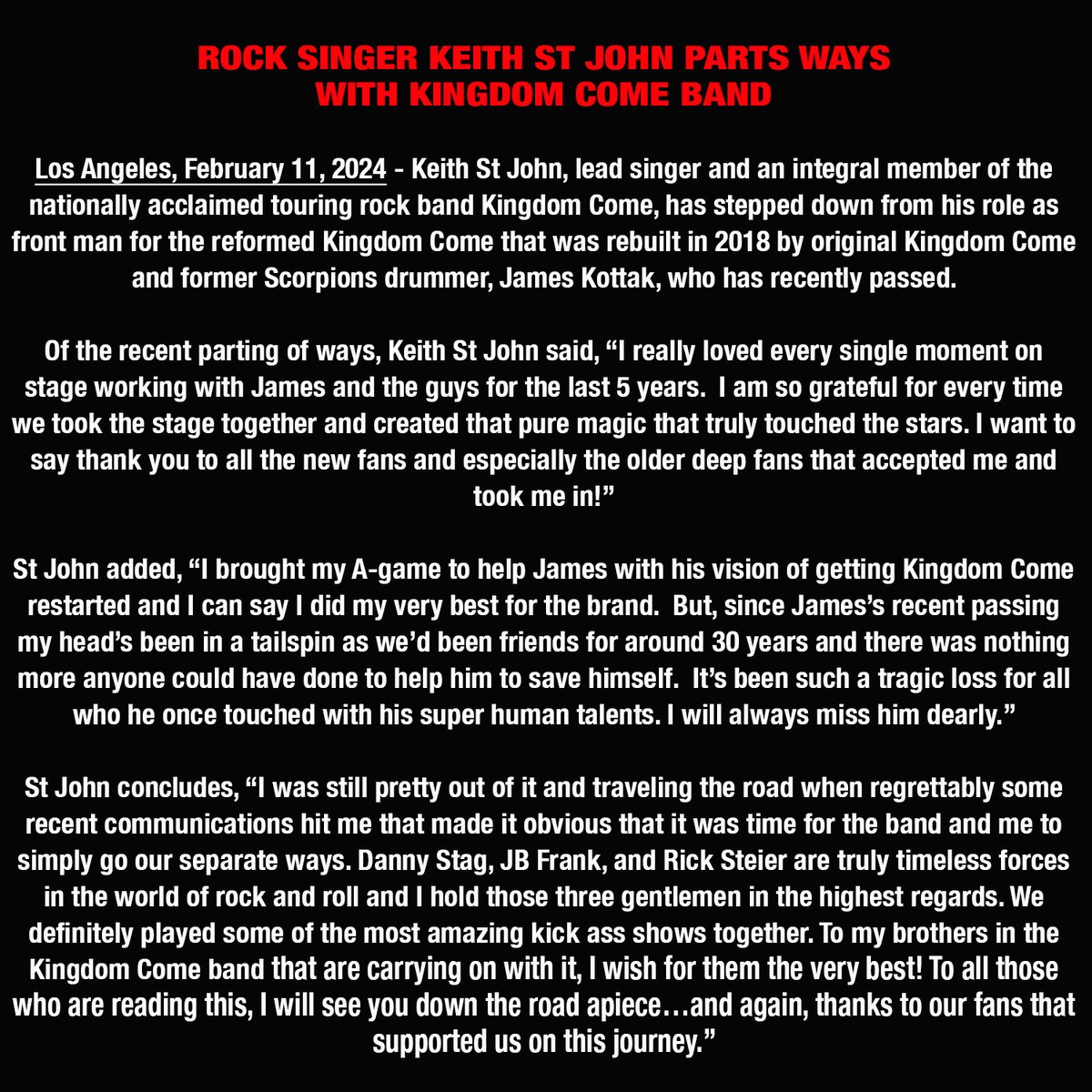 Burning_Rain's tweet photo. •ROCK SINGER KEITH ST JOHN•
••••••••PARTS WAYS•••••••••
•••WITH KINGDOM COME BAND•••
For Immediate Release**Read Below
https://t.co/yi5OXUmUyr https://t.co/yRBq92Jmfv