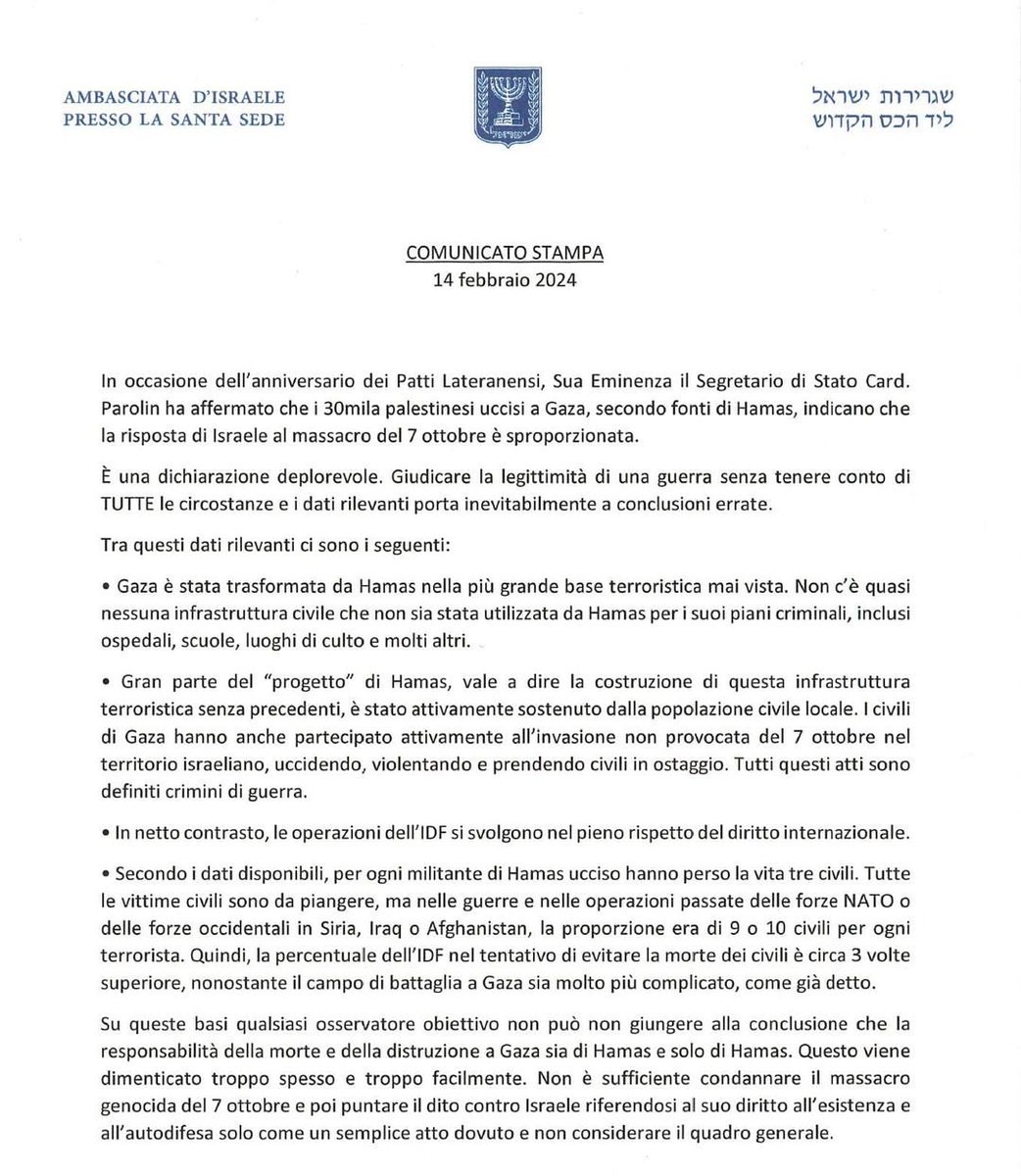 L’ambasciata di Israele presso la Santa Sede fa seguito alle dichiarazioni del Cardinale Pietro Parolin. 

Israele non ha ancora compreso che la pace non è una opinione e che non è Israele a dettare le regole di cosa si può o non si può dire. L’ambasciatore impari a tacere!