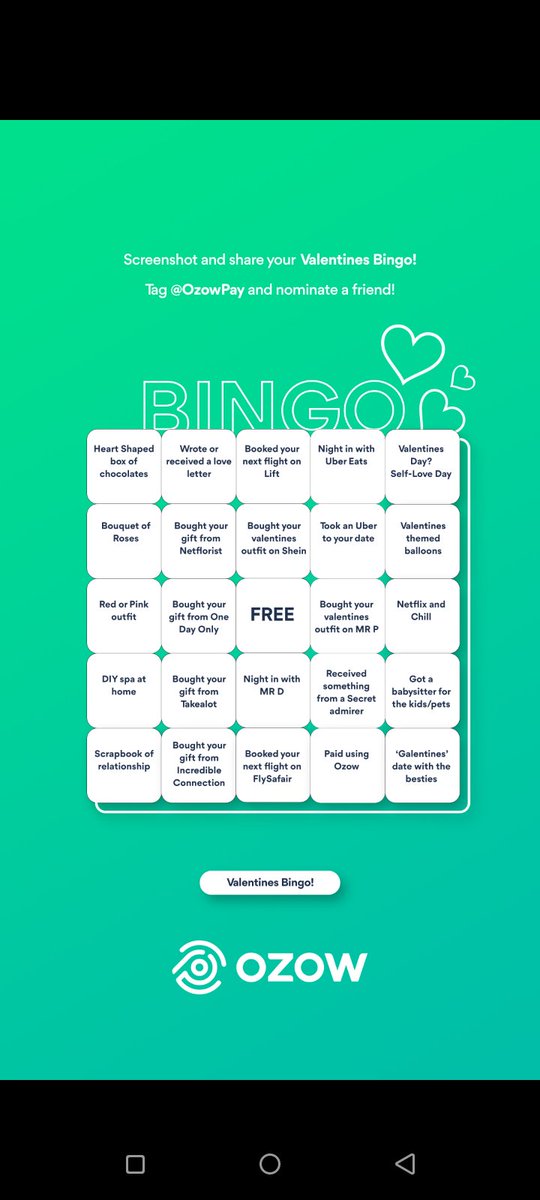 vascencia's tweet photo. @OzowPay #ValentinesDay #Bingo #valentines Yes Please can I have the middle block that says FREE 💚💛💙♥️ https://t.co/zPAUVm7Cre