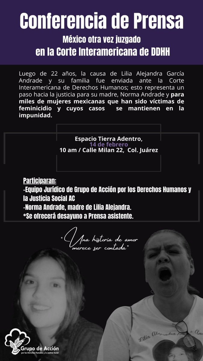 Por fin!! Luego de 22 años de su feminicidio. La causa de #LiliaAlejandraGarciaAndrade madre de 2 pequeños, asesinada a los 15 años es tomada por la @CorteIDH Abrazo con el alma a mi querida y admirada @Jadealega y al equipo de @AccionDH por este significativo e histórico…