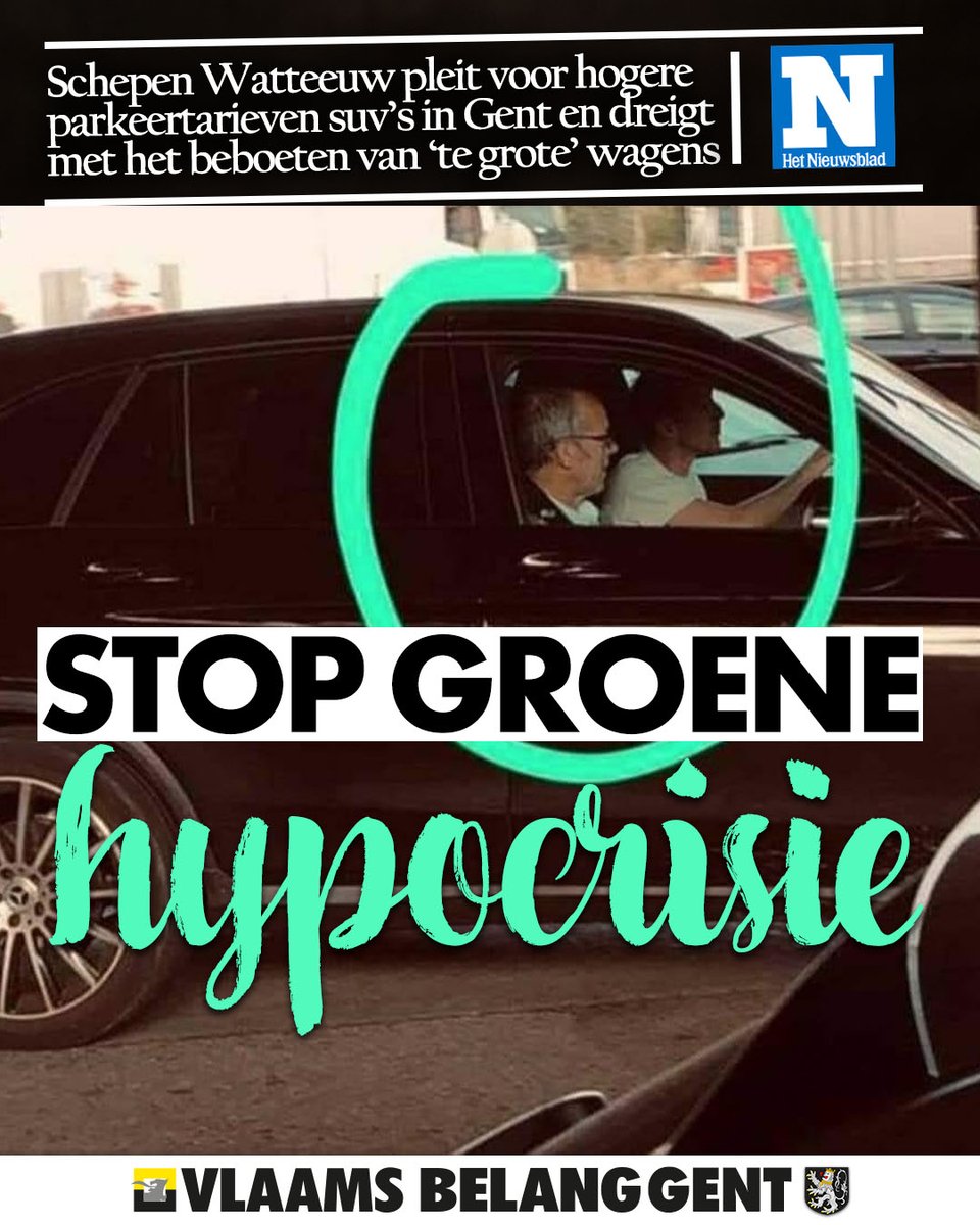 GentVb's tweet photo. Schepen Watteeuw wil dus hogere parkeertarieven voor grote wagens in Gent en dreigt zelf met het uitschrijven van boetes voor deze wagens. Zelf laat hij zich wel graag rondrijden in zulke wagens...
STOP GROENE HYPOCRISIE! 💪 https://t.co/9SEAy1Snxm