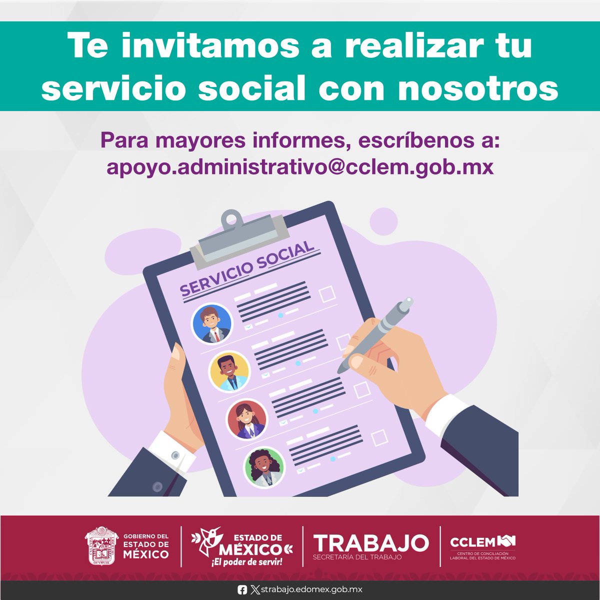 Realiza tu #ServicioSocial con nosotros y aprende todo acerca de la #conciliación. Envíanos tus datos a: apoyo.administrativo@cclem.gob.mx

 #CCLEM