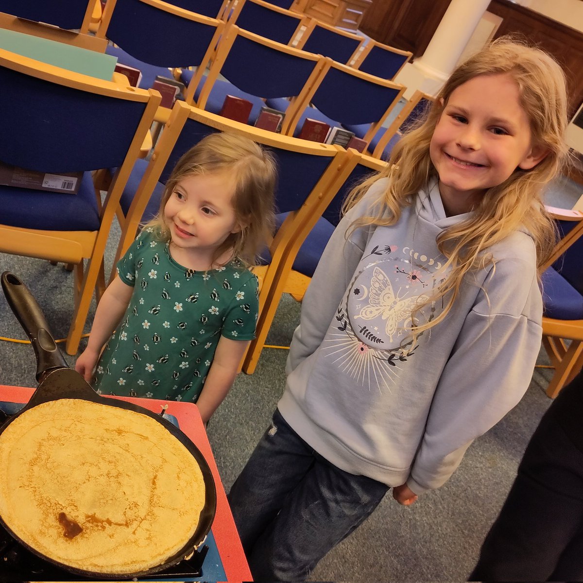 Two excited faces waiting for their first pancake, as members of the church and community gathered for fun and food to mark #ShroveTuesday yesterday. We got through about ten pints of milk, two kilos of flour and more than a dozen eggs!