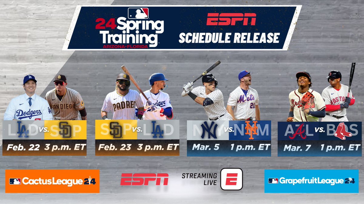 #MLB action is back as pitchers & catchers report to #SpringTraining Starting Feb. 22, ESPN & @ESPNPlus combine to present 10 Spring Training games Schedule: bit.ly/4bBCgva