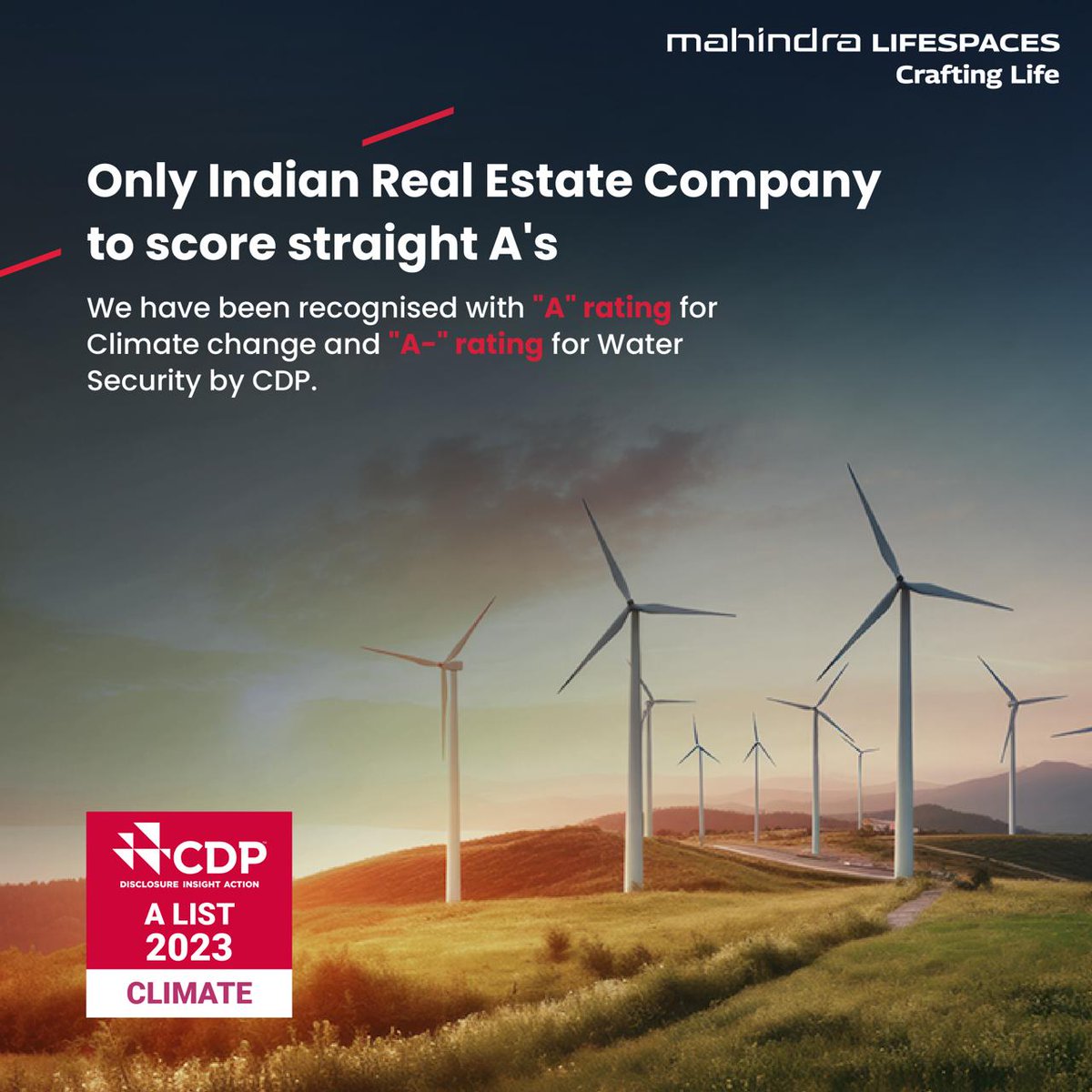 life_spaces's tweet photo. #MahindraLifespaces is honoured to be the only Indian real estate company in the 2023 #CDPAList with top ratings in the Climate Change &amp; Water Security categories. We hope our efforts continue to have a positive and lasting impact on the planet!
#CraftingLife https://t.co/97LPU2qT9h