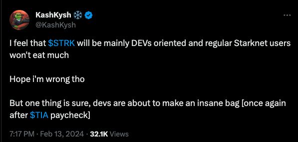 KashKysh's tweet image. Wait, so Starknet just dropped the most ruggish airdrop ever? 

- Users got fucked

- Their $8B valuation was bullshit

- They deployed $STRK on-chain 6 months ago to be able to dump team tokens on listing

Feels like Starknet will get a waay more violent hate wave than SEI lmao,…
