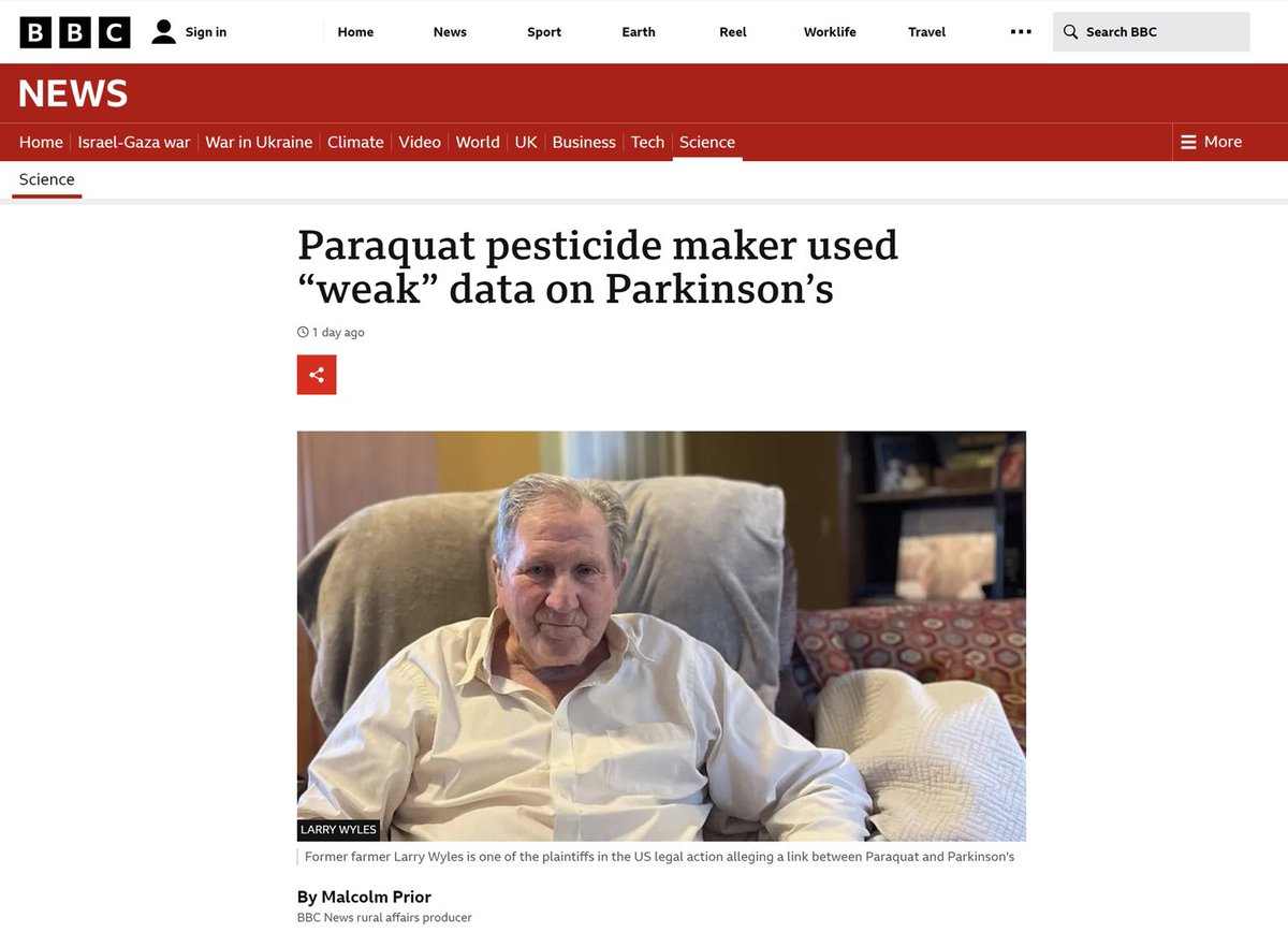 Been interviewed by Malcolm Prior of BBC about link between highly toxic pesticide #paraquat & #Parkinson. New study again shows enhanced risk of Parkinson following exposure, but industry hides behind 2 poor-quality studies performed by company itself.   bbc.com/news/science-e…