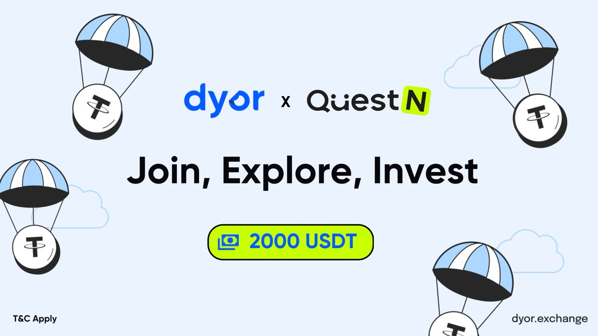 Dyor’s <a href="/QuestN_com/">QuestN</a> campaign is live! 🚀

Join for a chance to win a share of 2000 USDT!

Ends on the 28th of March.
app.questn.com/quest/87206942…