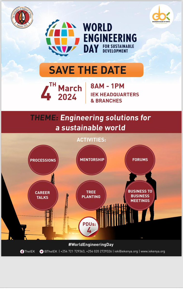 Eng_DavidMuli's tweet photo. On 4th March 2024, Engineers from all over the world will be marking the World Engineering Day for Sustainable Development. In Kenya, the event will be conducted at @TheIEK Headquarters and Branches. More details on the poster. #EngineeringANewWorld
Cc
@ACEK1968 @EngineersBoard https://t.co/PpvC004A59