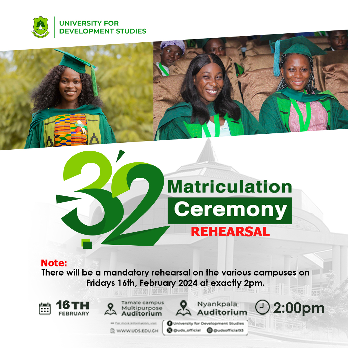 uds_official's tweet photo. Attention all freshers: You are hereby urged to attend the rehearsal for the 32nd Matriculation Ceremony.
#amaraaba
#PrideoftheNorth
#thebaobabfamily https://t.co/WpJQfOOz7B
