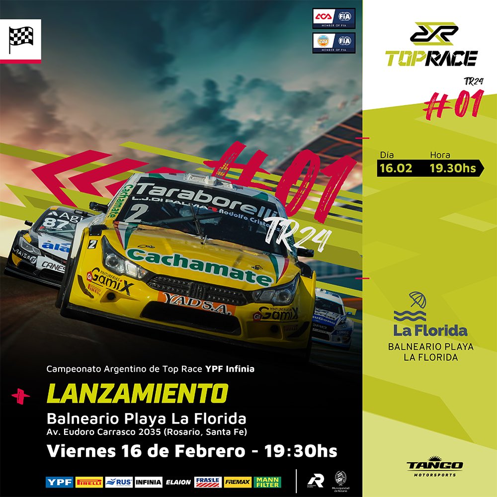 📣 LANZAMOS LA PRIMERA 📣

🏁 Presentamos la primera fecha  del Campeonato Argentino de Top Race YPF Infinia en el Balneario Playa La Florida. 

🚗 Exhibición de autos 
🎙️ Conferencia de prensa
✍🏻 Firma de autógrafos
🎁Sorteos 

ℹ️ t.ly/qcX3U
