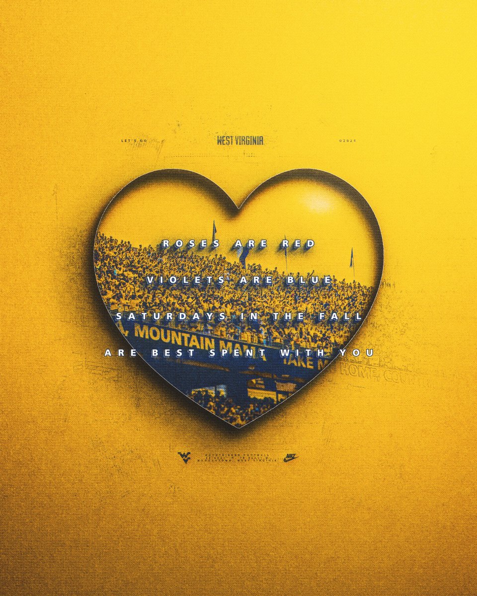 WVUfootball's tweet photo. Roses are 🌹
Violets are 🔵
Saturdays in the fall
Are best spent with 🫵

🔗 https://t.co/0XIoBhfZ7w

#HailWV https://t.co/EqThkcn7Wz