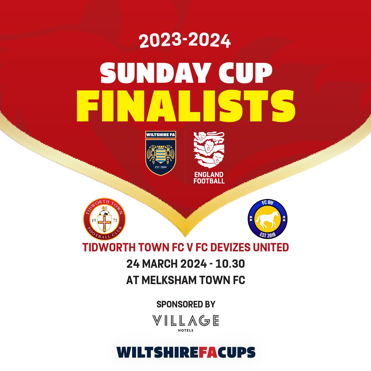🤩 Wiltshire FA #SundayCup Finalists! 🆚 @TidworthTownFC1 v. @fcdevizesunited 📅24 March ⏰KO 10.30 🏟at @MELKSHAMTOWNFC wiltshirefa.com/cups-and-compe… Sponsored by Village Hotel Club (Swindon) #WiltshireFACups