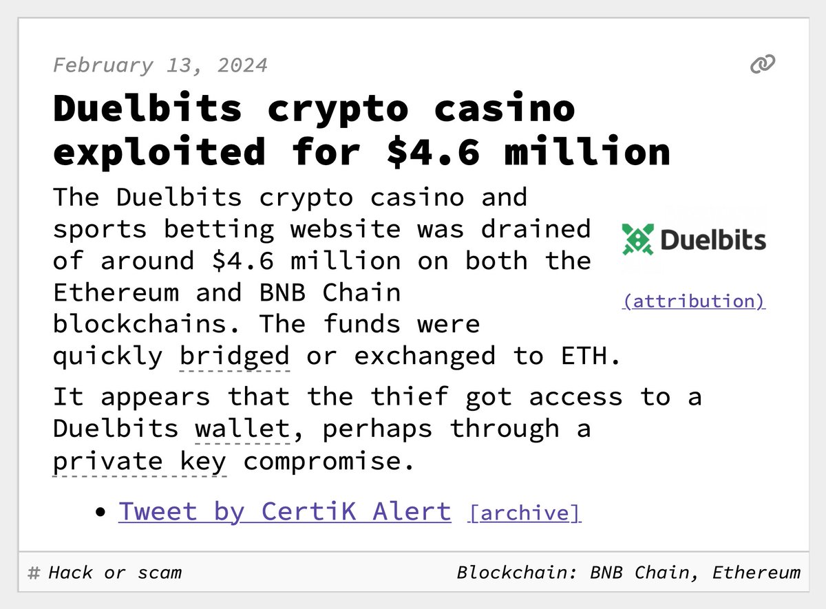 Duelbits crypto casino exploited for $4.6 million February 13, 2024  https://t.co/lSdXCEg0Ji