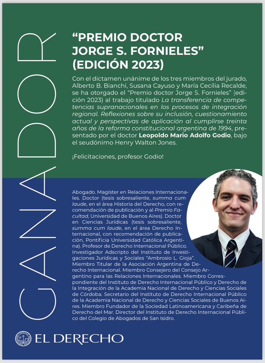 LeopoldoGodio's tweet photo. Con satisfacción y alegría, comparto el resultado del Premio Fornieles 2023 convocado por @ElDerechoUCA 
Mi agradecimiento a la organización y al distinguido tribunal por su labor.
Espero que estas reflexiones nos acerquen un poco mas a nuestra maravillosa Constitución Nacional. https://t.co/S5mkqpJFBd