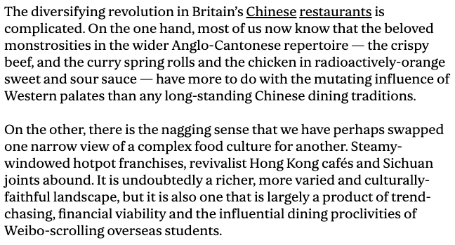 I'm tired of how slamming Anglo-Cantonese cuisine has become cool when talking about newer, trendier and undiscovered regional Chinese food. No need to compare or shit on the people who own and work in takeaways/restaurants that have made Chinese food in the UK what it is today