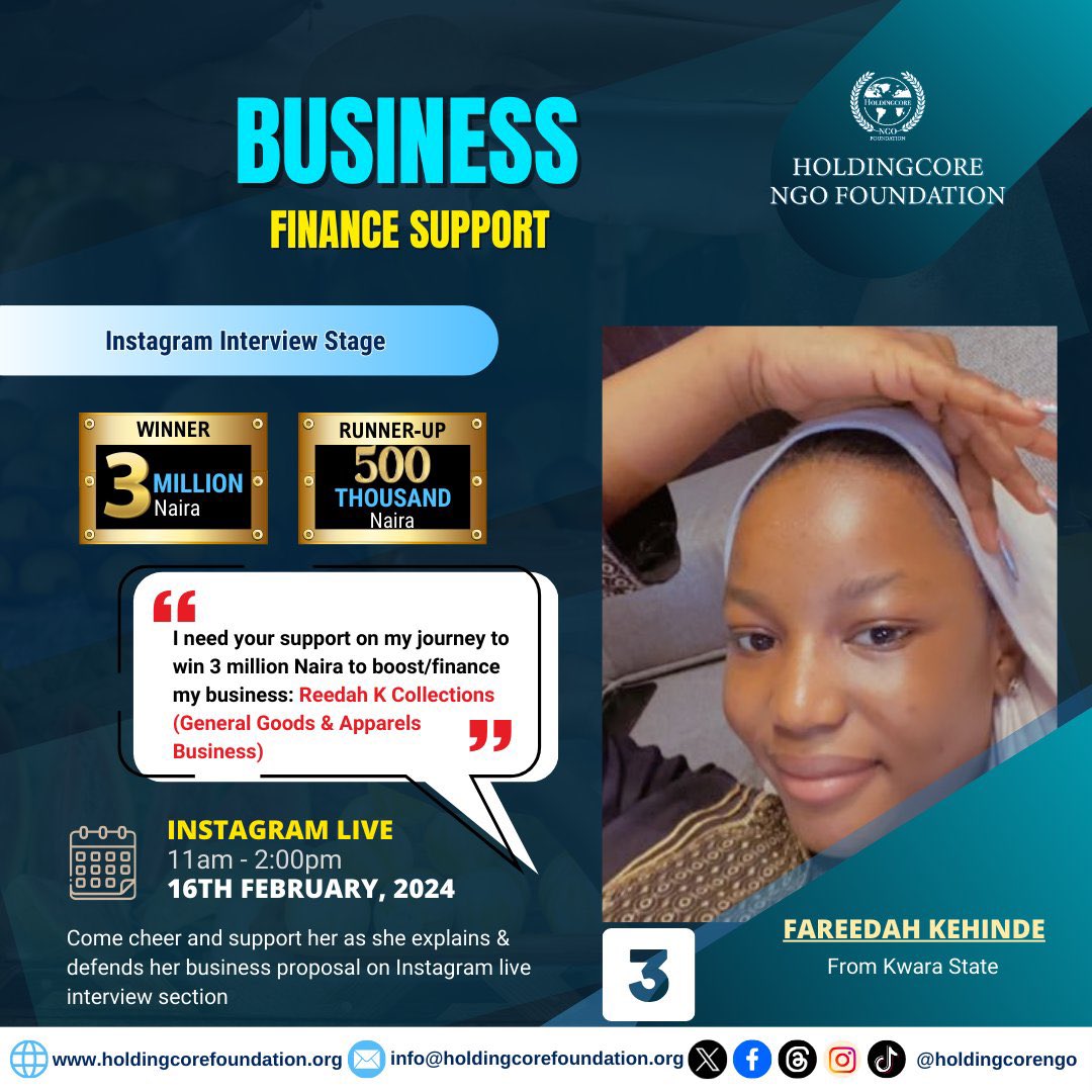 #HoldingcoreNgoFoundation 
#BFS #InterviewReady.. 
Please follow @Holdingcorengo
@Holdingcorengof. Get ready and let's support one of our own @reedah_of_dubai massively on Friday, we rise by supporting one another passionately, Kwara first, Fareedah is her name #KwaraLokan!