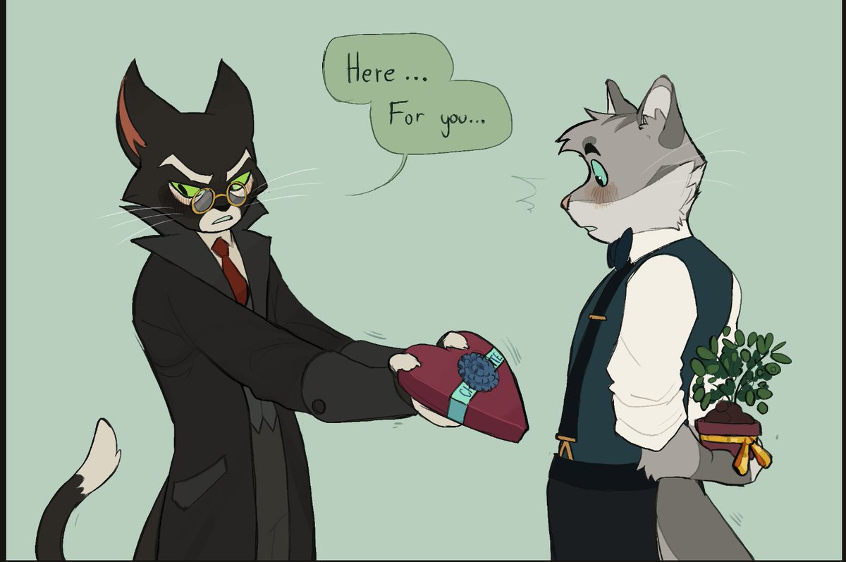 Here's another one but with mordecai, a sudden gift for each other chocolate and a small ficus plant❤️❤️🥰❤️❤️
Pt.2 
Artist: @0Ketlyn_S 
#lackadaisy 
#LackadaisyCats 
#Lackadaisyoc
#mordecaiheller