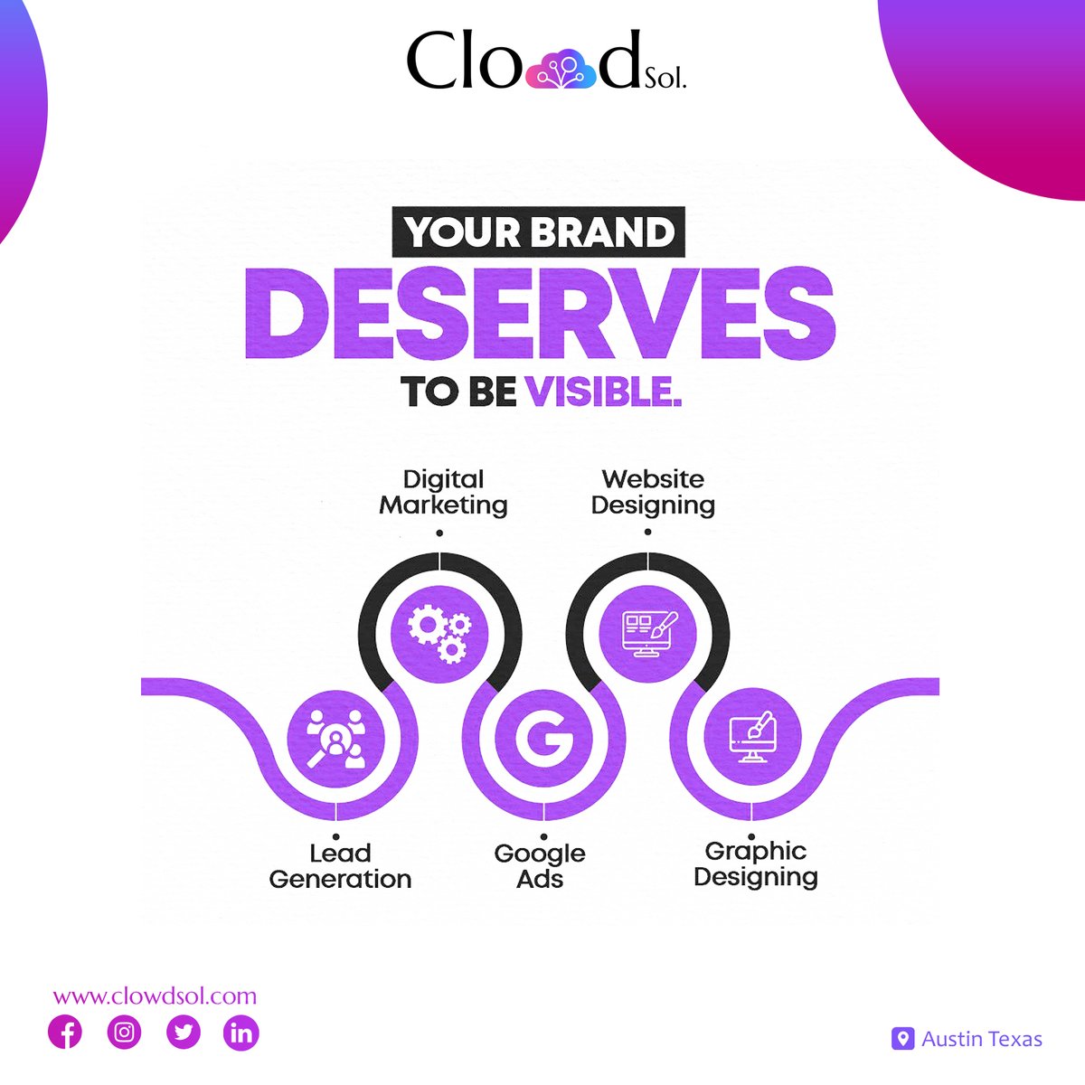 Clowdsol's tweet photo. Tired of being invisible online?  It's time to unlock the power of lead generation, digital marketing, Google Ads, web development, and graphic design with clowdsol.

https://t.co/e5B39a7TeE

.

.

.

#USAudience #BrandVisibility #LeadGen #DigitalMarketing #GoogleAds https://t.co/AgaHGTZOsa