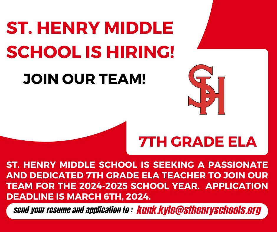KyleKunk's tweet photo. Join our SHMS Family! Applications can be found on the school web-site.
@APuthoff @EricRosenbeck @StHenryAD https://t.co/fVplEc6ffy
