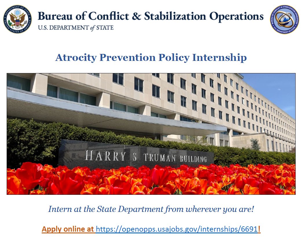 If you want to break into the field of #AtrocityPrevention but can't come to DC for an internship, @StateCSO has AP positions for Virtual Student Federal Service @VSFSatState. Fully remote. Details & apply at openopps.usajobs.gov/internships/66…

#InternationalLaw #ForeignPolicy #HumanRights