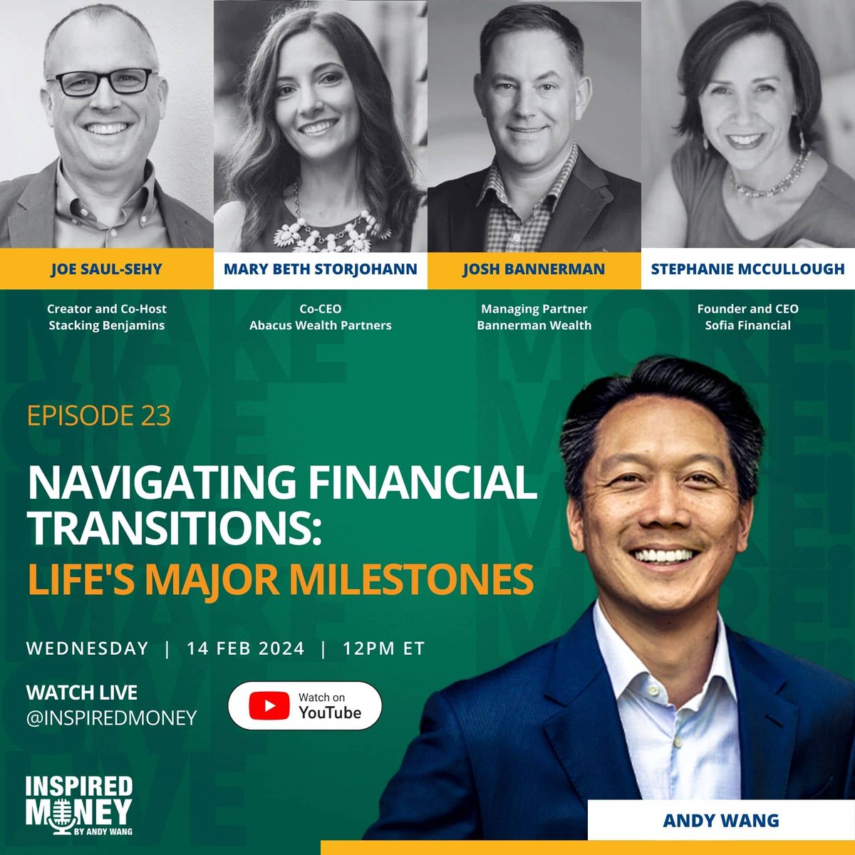 Join us for a Valentine's Day livestream at noon today. Our topic: Navigating Financial Transitions: Life's Major Milestones Esteemed guest panelists: @marybstorj, @sofiafinancial, @AverageJoeMoney, and @joshbannerman youtube.com/watch?v=lCkdKy…