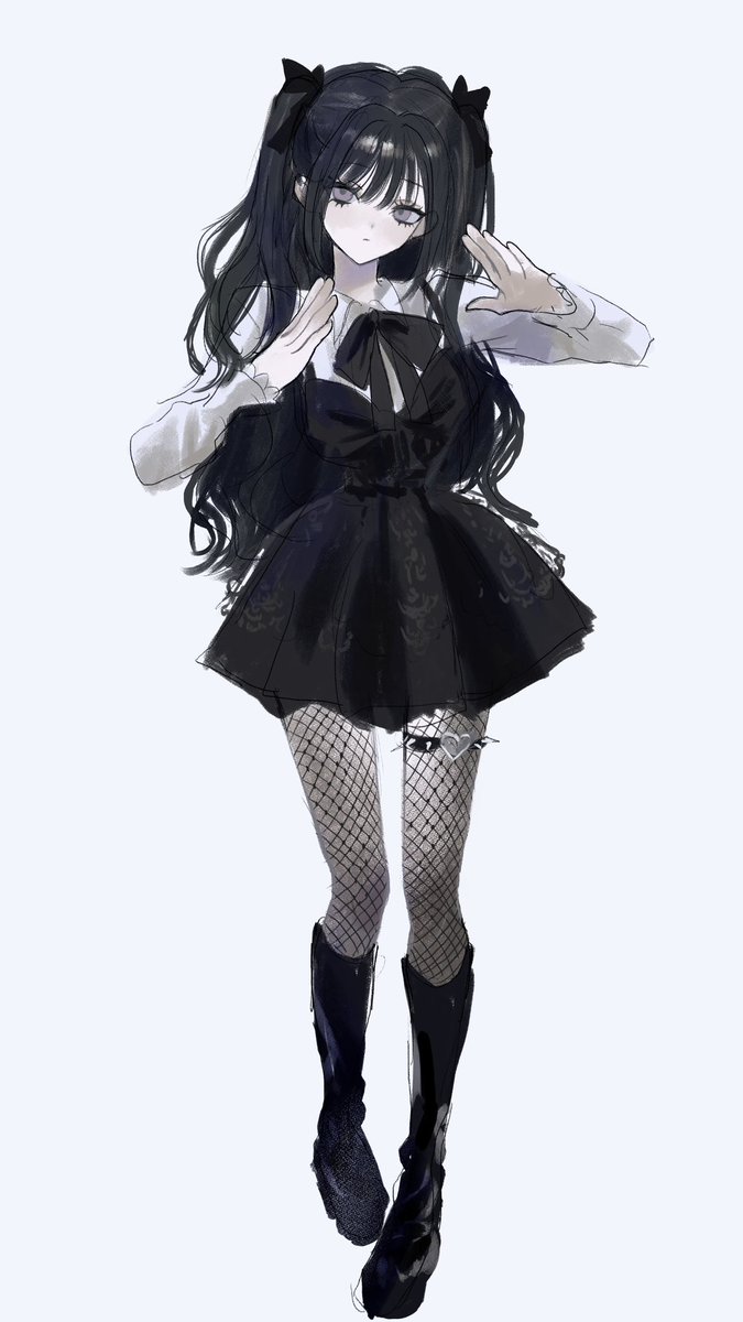 1girl solo fishnets dress black hair boots long hair  illustration images