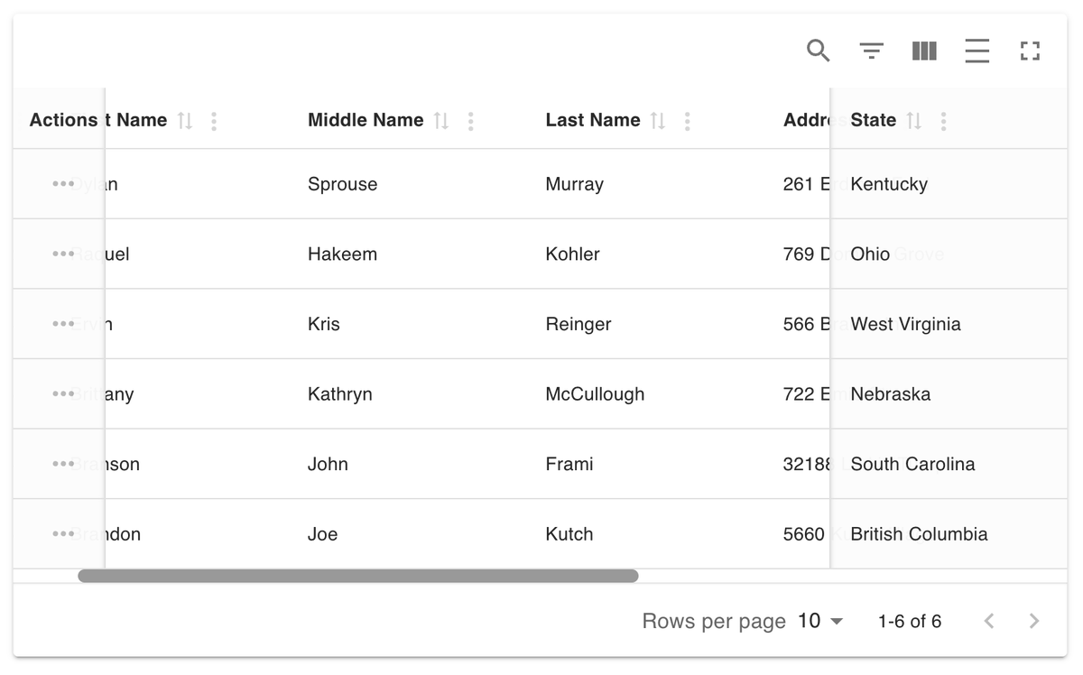 Material React Table Column Pinning UI example