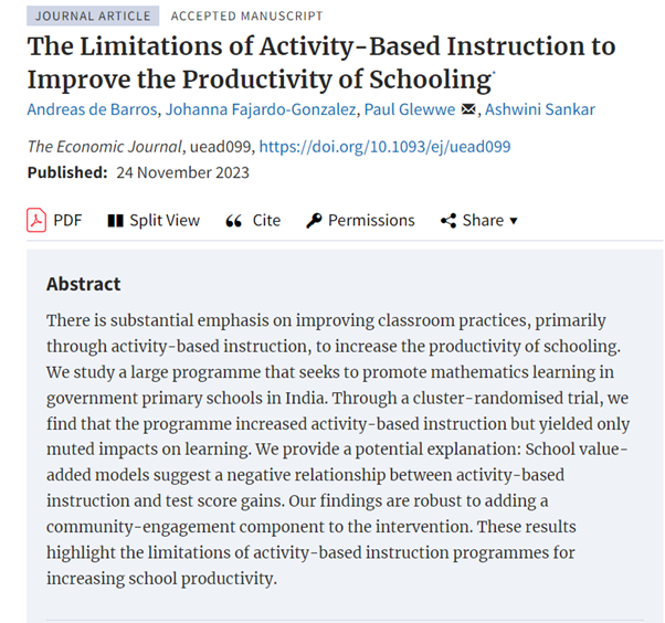 Forthcoming at EJ: ‘The Limitations of Activity-Based Instruction to Improve the Productivity of Schooling’ by Andreas de Barros, Johanna Fajardo-Gonzalez, Paul Glewwe, Ashwini Sankar doi.org/10.1093/ej/uea… <a href="/sankar_ashwini/">Ashwini S</a> <a href="/johannafg/">Johanna Fajardo-Gonzalez</a> <a href="/andydebarros/">Andy de Barros</a> <a href="/RoyalEconSoc/">Royal Economic Society</a> #EconTwitter