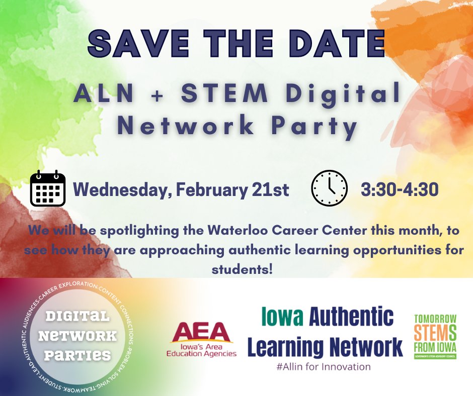 You won't want to miss this #IowaALN <a href="/IowaALN/">Iowa ALN</a> Digital Network Party 🎉 Showcase! Learn about the Waterloo Career Center and some of the game changing opportunities they are bringing together for kids! Register at bit.ly/3wimUeU👩‍💻 #authenticlearning #changeagents
