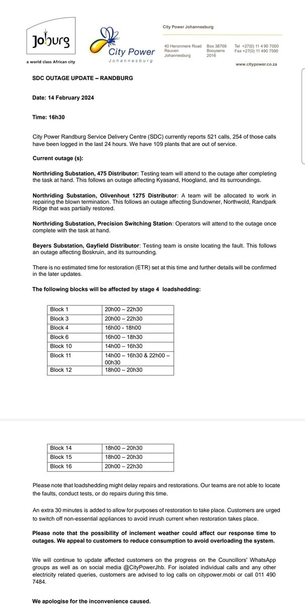 CityPowerJhb's tweet photo. #CityPowerUpdates
#RandburgSDCUpdate

Kindly find attached for the latest update ^KM https://t.co/0SwQb55Dou