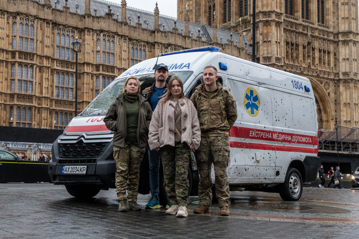 We just launched our tour of brave Ukrainian frontline medics right outside UK Parliament in London. The medics brought with them a bombed out ambulance to show British public real-life consequences of Russia's attacks. In past 2 years alone Russia killed 190+ medics in Ukraine.
