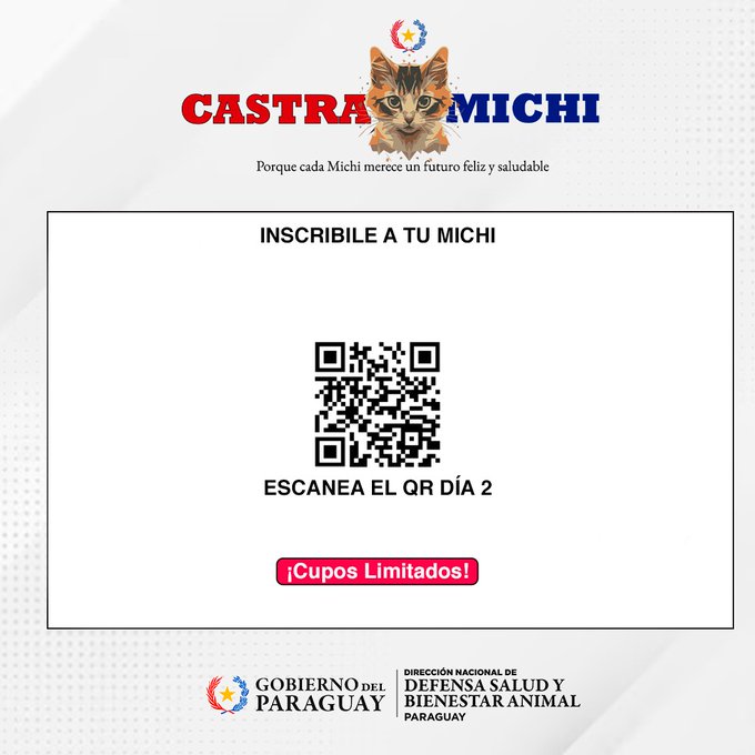ParaguayTVHD's tweet photo. 👉@defensanimalpy habilita la segunda tanda de cupos para las inscripciones al #CastraMichi. 🥳
Si hoy no logran conseguir un cupo, ¡no se preocupen! Mañana se estará lanzando más para que todos tengan la oportunidad de participar. 🙌🏼 https://t.co/lVb2cnQzQS