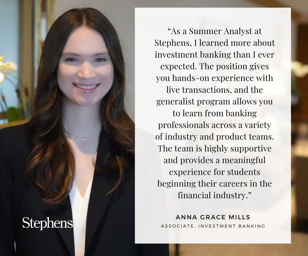 Our Investment Banking Summer Analyst Program provides internships for undergraduate and graduate students. Summer Analysts receive extensive training and on-the-job experience while making meaningful contributions to the Stephens team. Learn more: stephens.com/careers/studen…