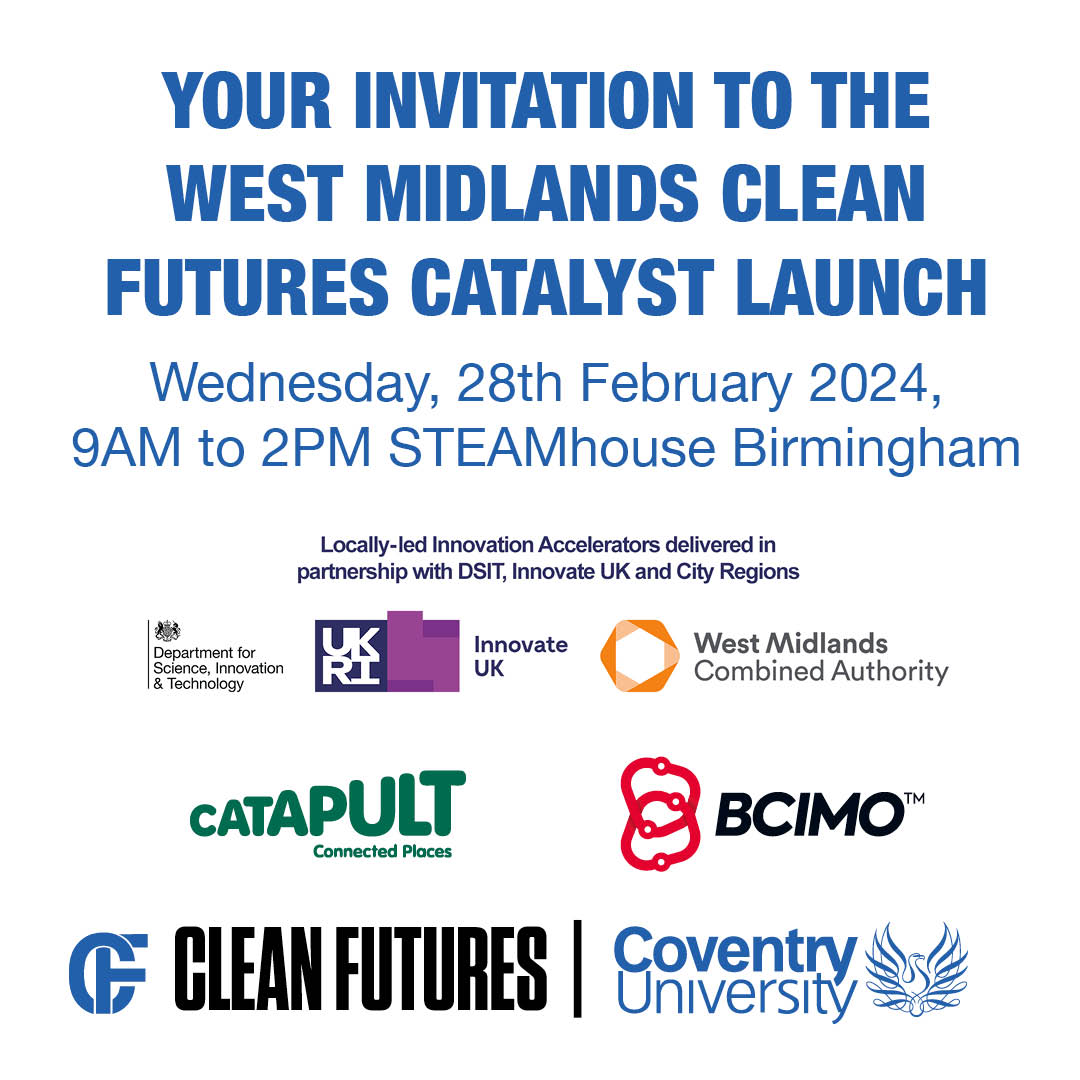 Here's your reminder to register for the Clean Futures Catalyst Launch event.

The Clean Futures Catalyst seeks to 'act as a catalyst for change' for industry and businesses.

🗓️ Wednesday, 28 February: bit.ly/3wqVjYM

#WMIA #WestMidlandsInnovation #WMPlanforGrowth