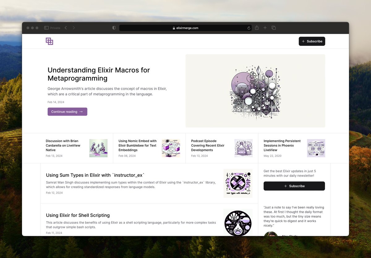 The <a href="/elixirmerge/">Elixir Merge</a> homepage is really starting to feel like it captures "what's going on" in the <a href="/elixirlang/">The Elixir programming language</a> ecosystem.

+ lots more coming soon! 💜 #myelixirstatus